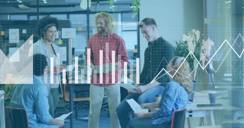 Diverse Colleagues Discussing Business Strategies with Technology Overlay