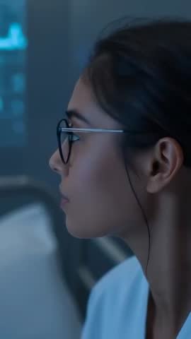 Nurse turning toward monitor glow at bedside checking vital readouts in blue scrubs vertical clinica