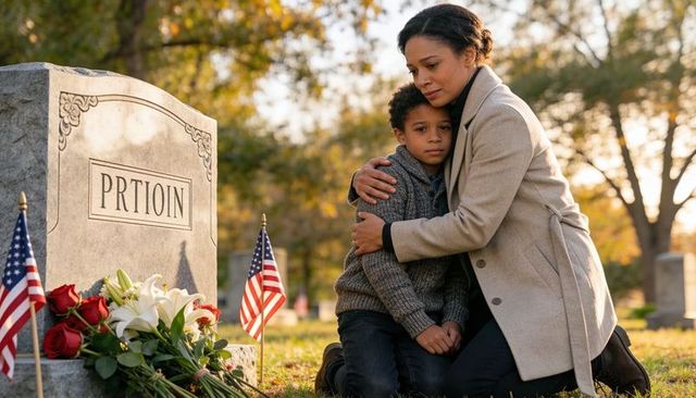 Mother consoling son at graveside with lilies and flags during autumn remembrance and tribute