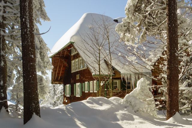 Scenic view of a rustic cabin surrounded by a snow-covered forest during winter. Perfect for use in travel brochures, winter holiday promotions, nature magazines, and websites promoting ski resorts or mountain getaways. Highlights cozy mountain living and the beauty of winter landscapes.