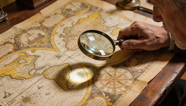 Senior man examining antique world map with brass magnifying glass and nautical compass