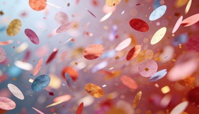 Colorful metallic confetti discs floating in sparkling bokeh festive motion background