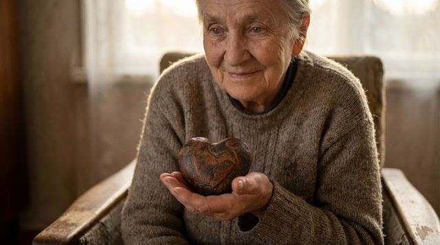 Senior woman holding heart-shaped stone in cozy window-lit armchair