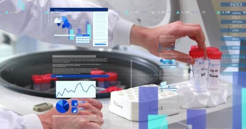 Handling red-capped tubes by lab-coated hands with centrifuge and analytics overlays