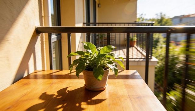 Potted plant basking in morning sunlight on balcony table with leafy shadow and wood tones
