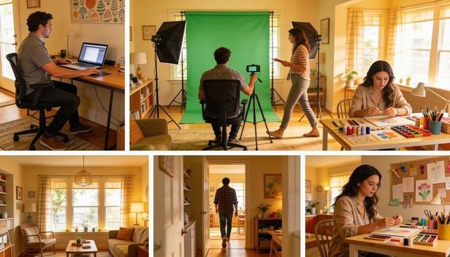 Home studio green screen content creation filming remote video production cozy workspace