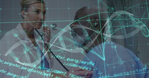 Doctor examining patient with dna code overlay highlighting medical technology