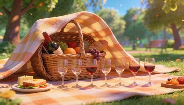 Sunlit picnic basket with wine glasses on checkered blanket, fresh bread and fruit