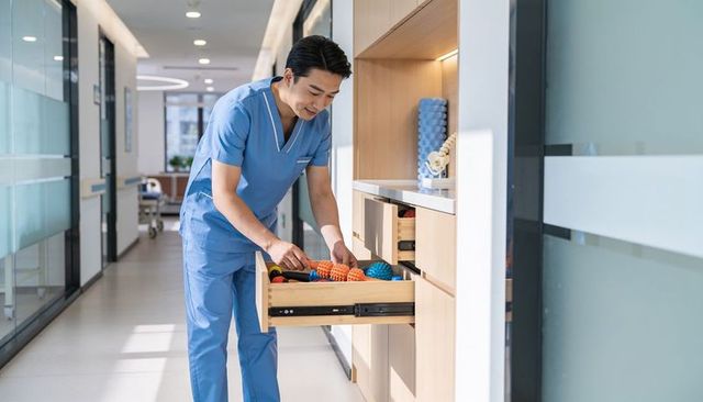 Male nurse selecting therapy balls from drawer in modern clinic corridor