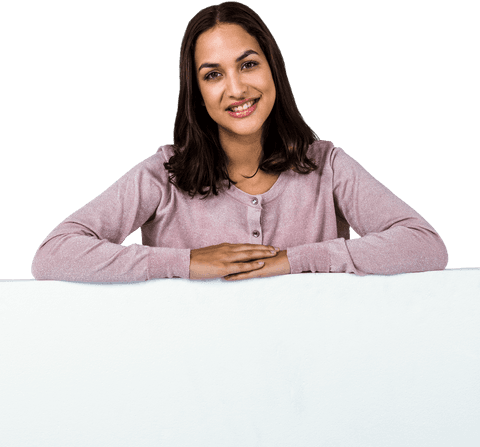 Smiling Woman Behind Transparent Blank White Board