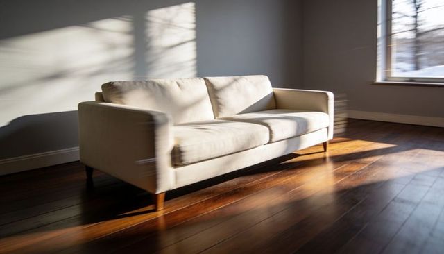 Sunlit minimalist beige sofa bathing in window-grid shadows on dark hardwood floor