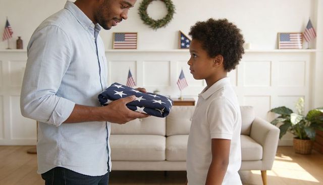 Presenting folded american flag to boy during solemn home tribute and family ceremony