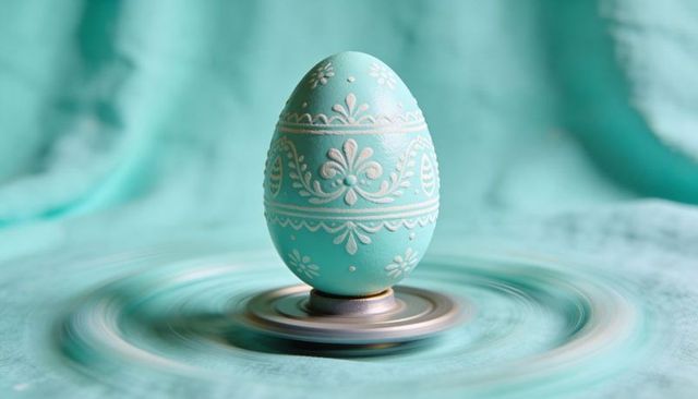 Spinning teal easter egg with white filigree pattern on metallic base
