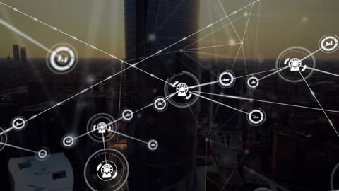 Digital Network Connecting Futuristic Urban Cityscape