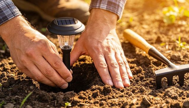 Installing solar garden light into backyard soil at golden hour