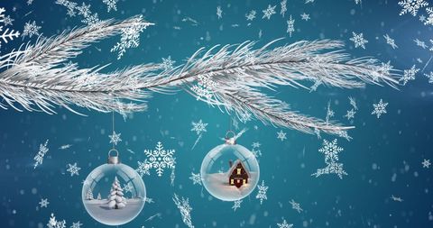 White Fir Tree and Glass Baubles in Festive Snowy Scene