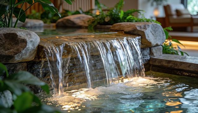 Indoor stone waterfall cascading into illuminated pool in luxury hotel lobby