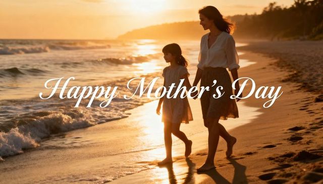 Mother and daughter walking on sunset beach holding hands happy mother's day greeting