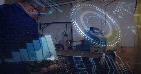 Craftsman Grinding Metal with Futuristic Overlay Sparks Progress