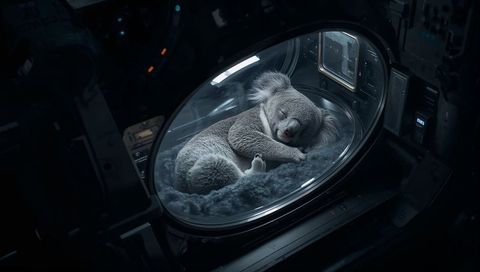 Sleeping koala curling on plush bedding inside futuristic incubation pod with led lighting