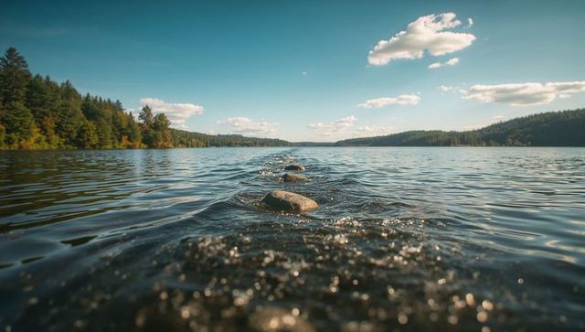 Stones Across Serene Lake with Ripples Under Clear Sky