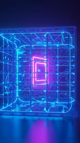 Orbiting camera revealing neon cube with pulsing magenta core inside mirrored grid sculpture