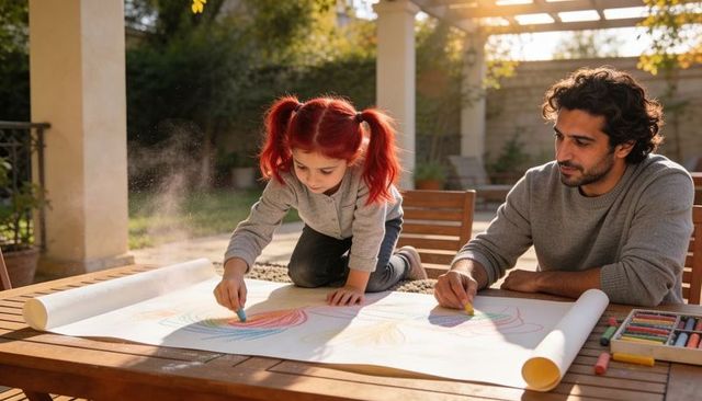 Red-haired girl drawing with crayons on paper roll while father guiding on sunlit backyard patio