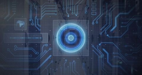 Futuristic ar hud interface projecting blue concentric target over city grid