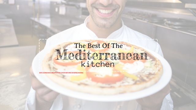 Smiling Chef Holding Freshly Made Mediterranean Pizza in Kitchen - Download Free Stock Templates Pikwizard.com