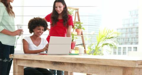 Smiling multicultural women collaborating at bright urban workspace with laptop and plants