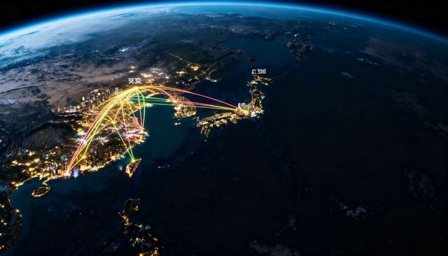 Orbital view east asia showing glowing city hubs and multicolor network arcs linking cities