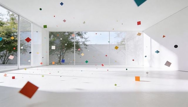 Floating colorful geometric squares and cubes in bright minimalist glass-walled interior