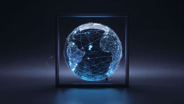 Floating holographic globe in square metal frame showing glowing global network nodes