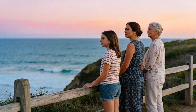Multigenerational women standing on coastal cliff gazing at serene sunset over ocean horizon