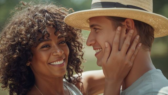 Smiling couple sharing intimate sunlit moment in park, cupping cheek, wearing straw hat