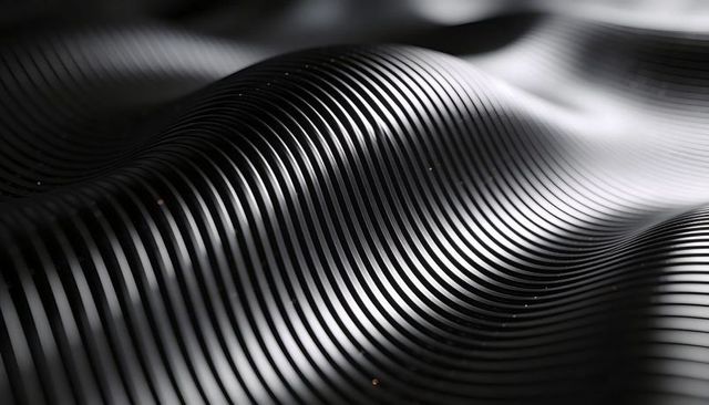 Black Ribbed Waves Forming Metallic Abstract Pattern with Specular Highlights and Texture