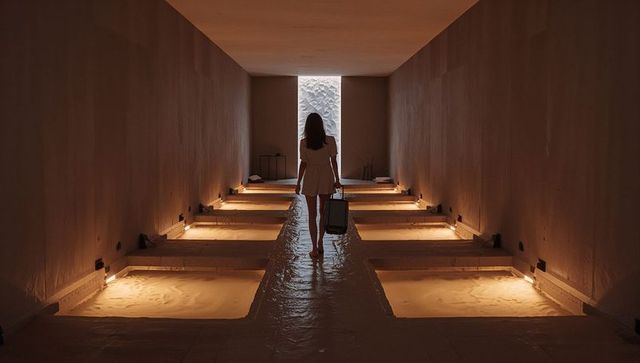 Woman walking down minimalist spa corridor with illuminated sand basins and luggage