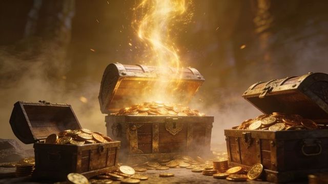 Glowing treasure chests spilling gold coins in mystical cavern emitting golden light
