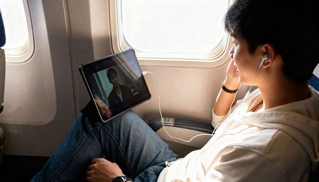 Young male passenger watching movie on tablet in daytime flight wearing earbuds and hoodie