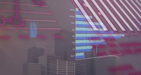 Digital Interface with Graphs and Urban Skyline in Futuristic Design