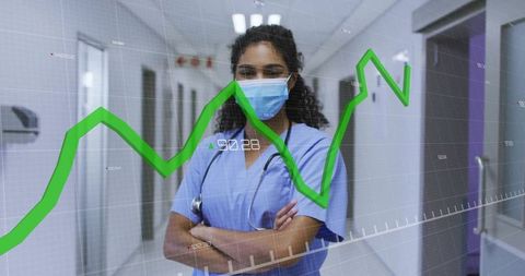 Masked Nurse Analyzing Statistics with Transparent Graph in Hospital