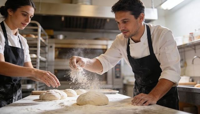 Bakers dusting dough in commercial kitchen, flour sprinkling during artisan bread preparation