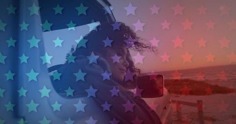 Diverse Young Woman on a Road Trip with American Flag Overlay