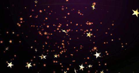 Glowing Gold Stars Drifting Over Dark Purple-Black Gradient with Orange Bokeh Sparkling