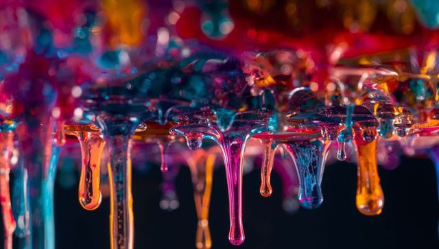 Dripping glossy pigments and resin macro abstract with vibrant neon colors and bokeh