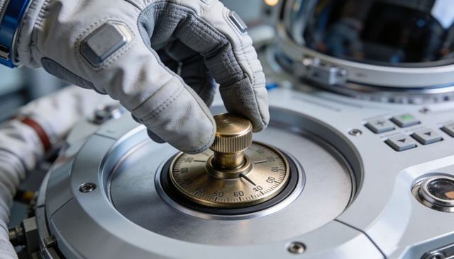 Astronaut gloved hand rotating brass hatch dial for precise control and spacecraft calibration