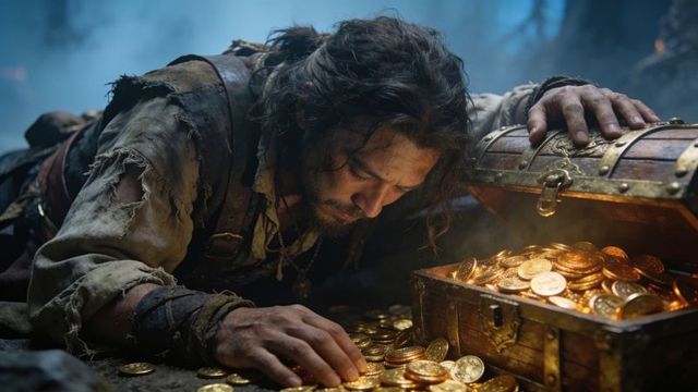 Desperate treasure hunter counting gold coins in foggy cavern beside glowing chest