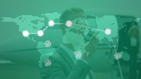 Businessman Analyzing Global Data on Plane over World Map