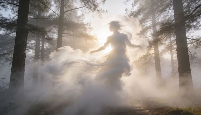 Ethereal vapor figure drifting through sunlit pine forest morning mist