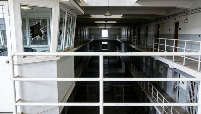 Abandoned tiered prison cellblock featuring shattered guard booth, empty catwalk and bars